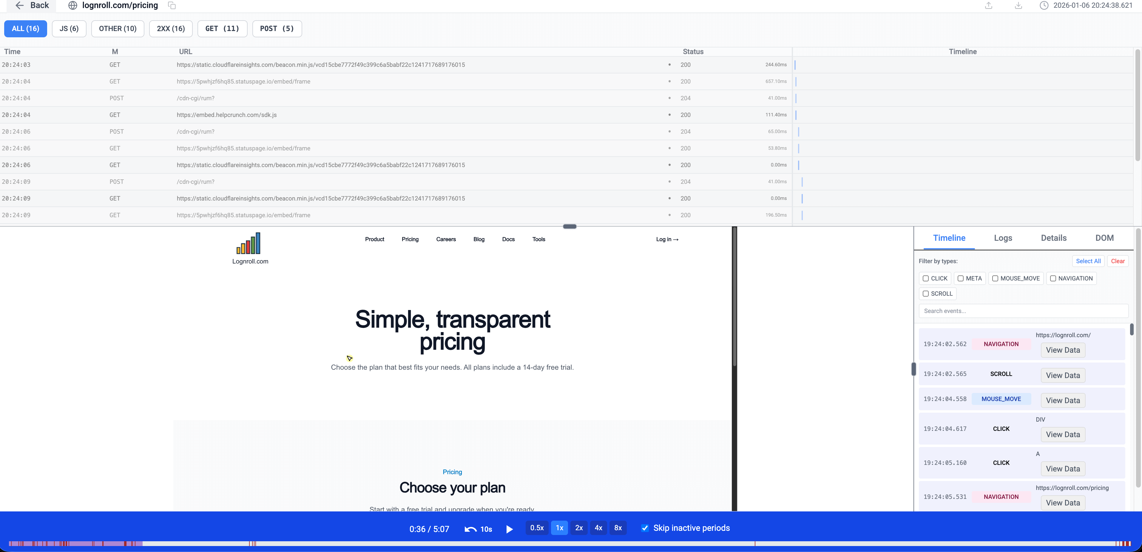 LogNroll Session Replay Player with network panel and timeline