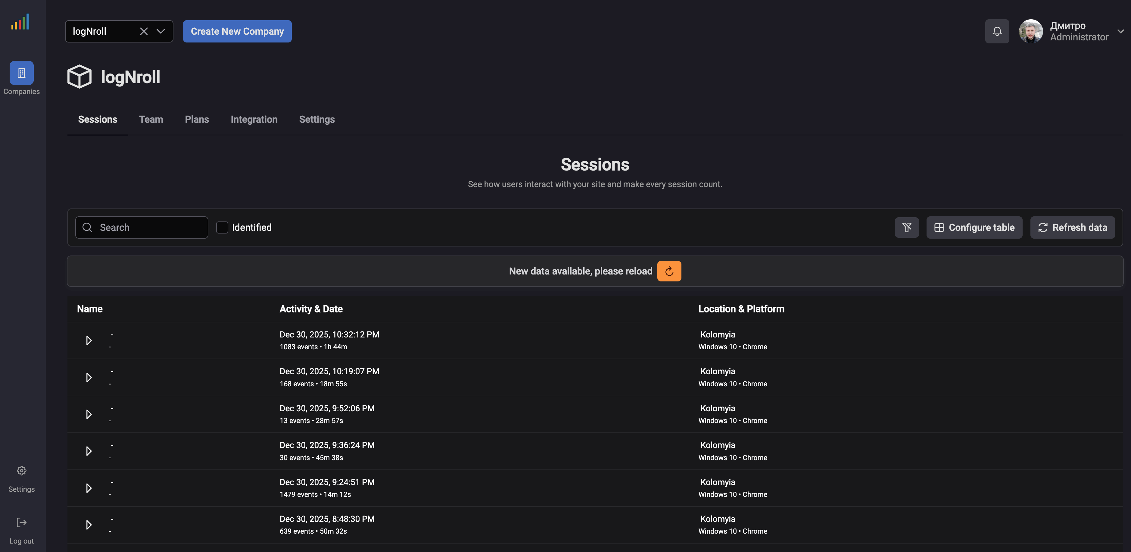 LogNroll Sessions Dashboard with search, filters, and session details